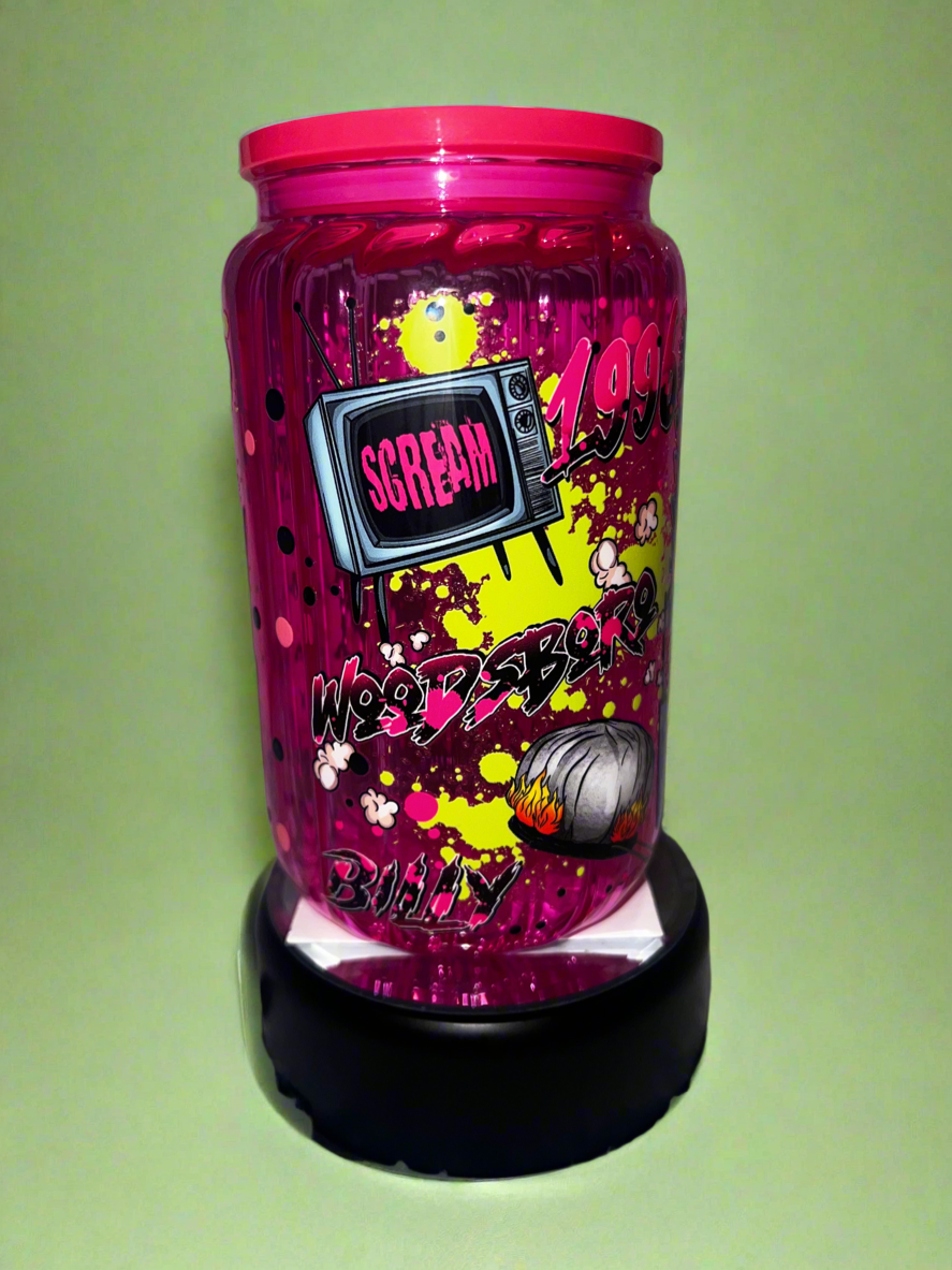 16oz hot pink Scream glass cup with lid & straw