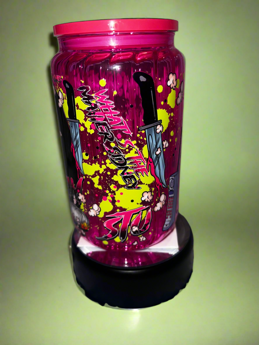 16oz hot pink Scream glass cup with lid & straw